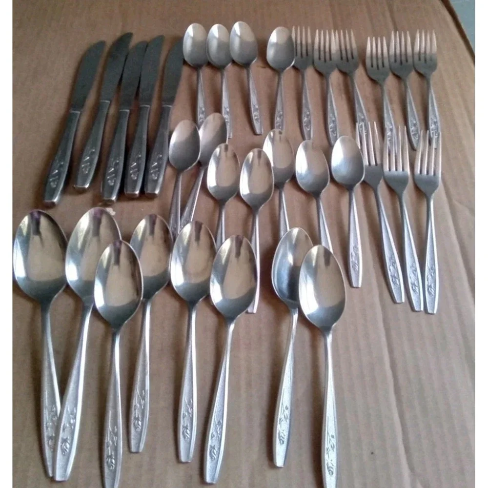 Vintage Stainless Steel Flatware‎ Set Knives Spoons Forks Floral Design
